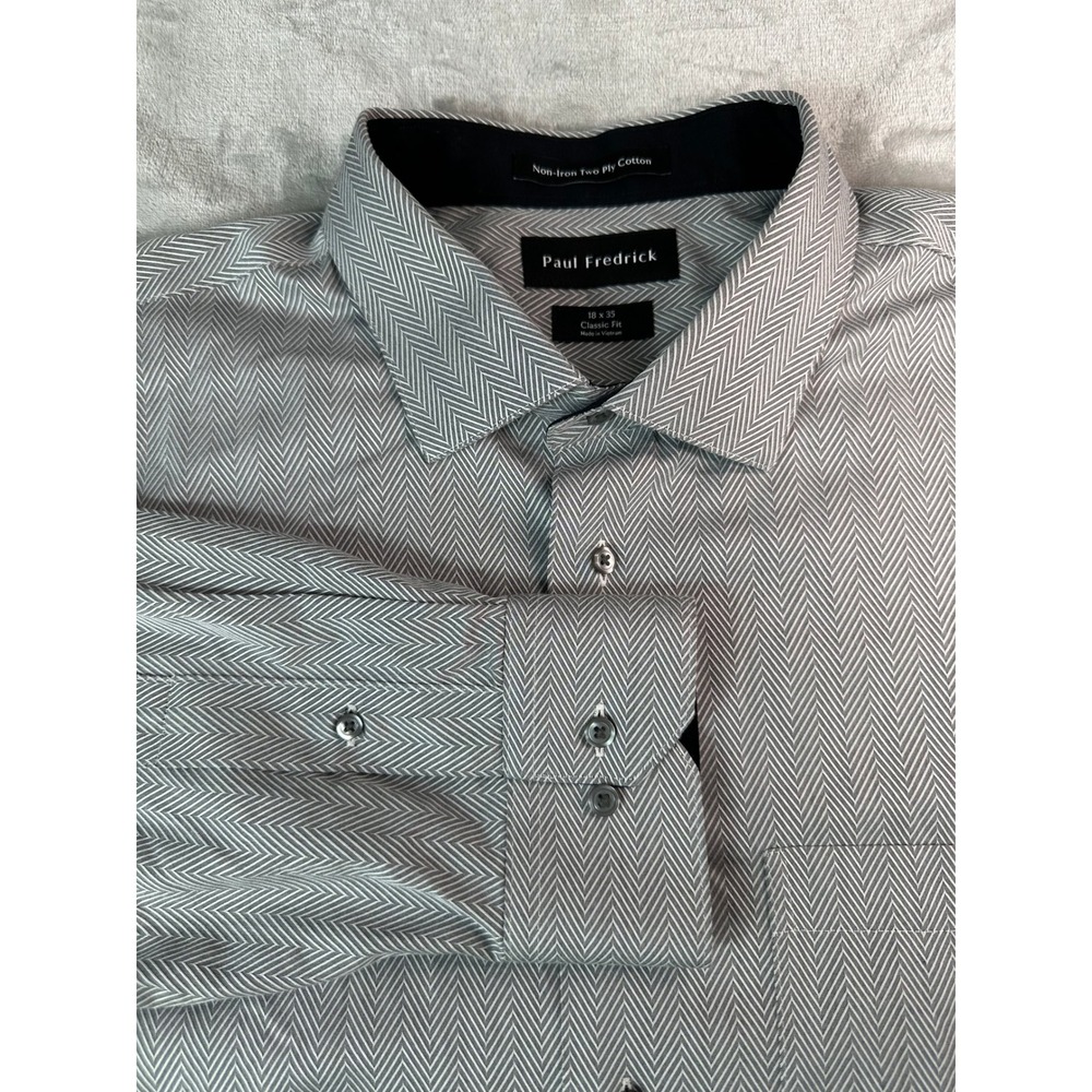 Paul Fredrick Dress Shirt Mens 18 x 35 Grey Chevron Non-Iron Herringbone